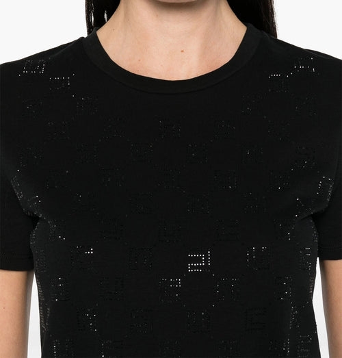 ELISABETTA FRANCHI T-SHIRT CON LOGO STRASS ALL OVER NERO