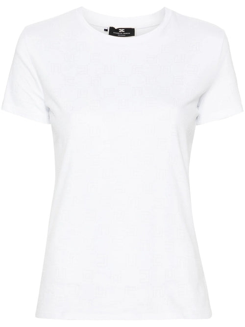 ELISABETTA FRANCHI T-SHIRT CON LOGO STRASS ALL OVER GESSO