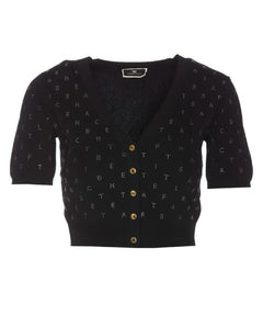 ELISABETTA FRANCHI CARDIGAN CROPPED CON LOGO LETTERING NERO