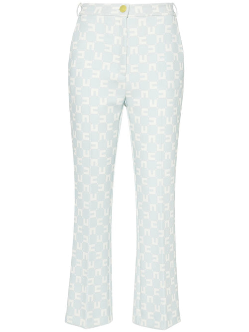 ELISABETTA FRANCHI PANTALONE A ZAMPETTA CON LOGO ALL OVER E CINTURINO CON FOULARD ACQUA