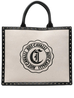 JUST CAVALLI BORSA A MANO IN RAFIA CON LOGO STAMPATO NERO