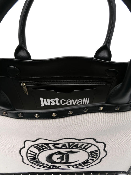 JUST CAVALLI BORSA A MANO IN RAFIA CON LOGO STAMPATO NERO