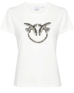 PINKO T-SHIRT LOGO STRASS BIANCO