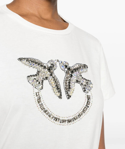 PINKO T-SHIRT LOGO STRASS BIANCO