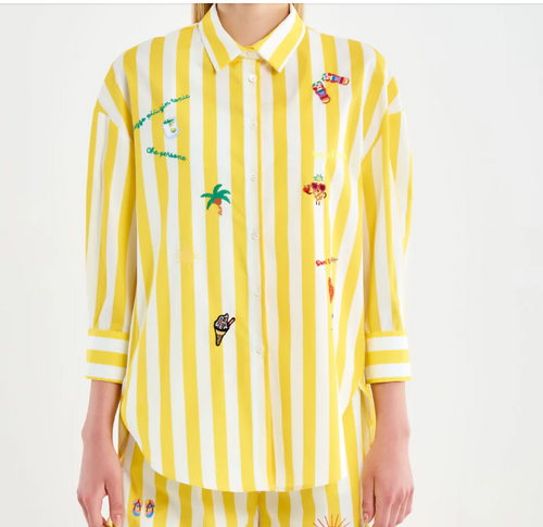 VICOLO Camicia Over Riga Bianco/Giallo PE 26